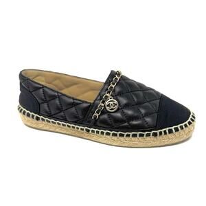 Chanel Black Quilted Leather Espadrilles w/ Gold Chain CC Charm Sz 38 | 8